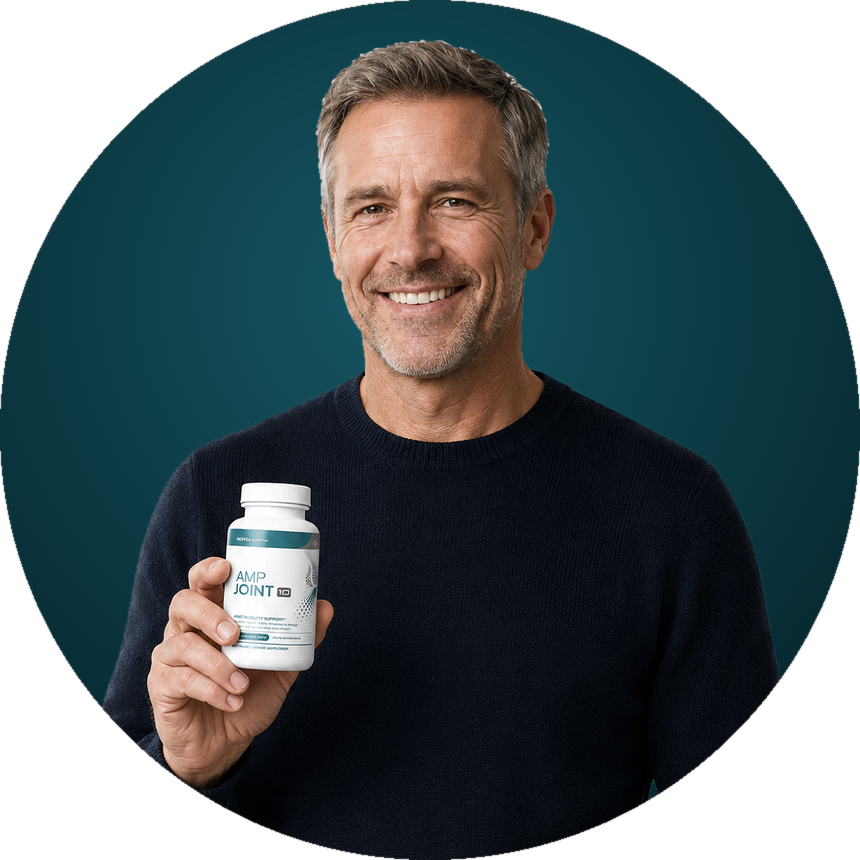 A man holding a bottle of AMP Joint-10