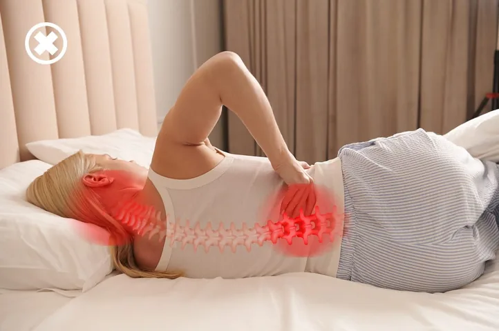 Illustration of a person lying on a flat pillow, with a red line drawn along the spine