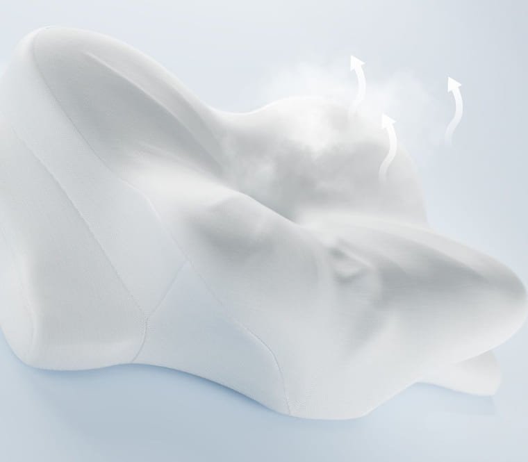 Close view of the Derila Ergo contoured pillow and its knitted cover
