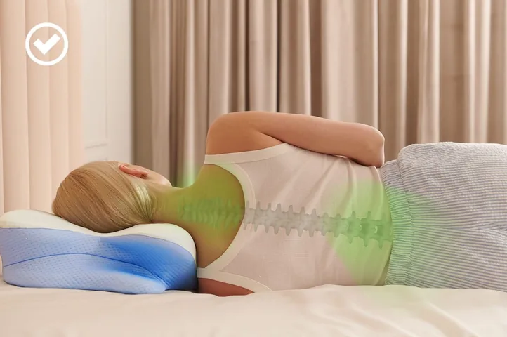 Illustration of a person lying on the contoured Derila Ergo pillow, with a green line drawn along the spine
