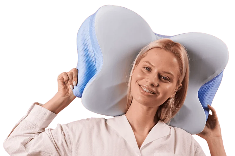 Woman holding the Derila Ergo contoured pillow