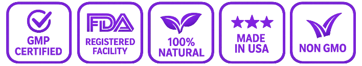Quality icons: GMP certified, FDA registered facility, 100% natural, made in USA, non-GMO